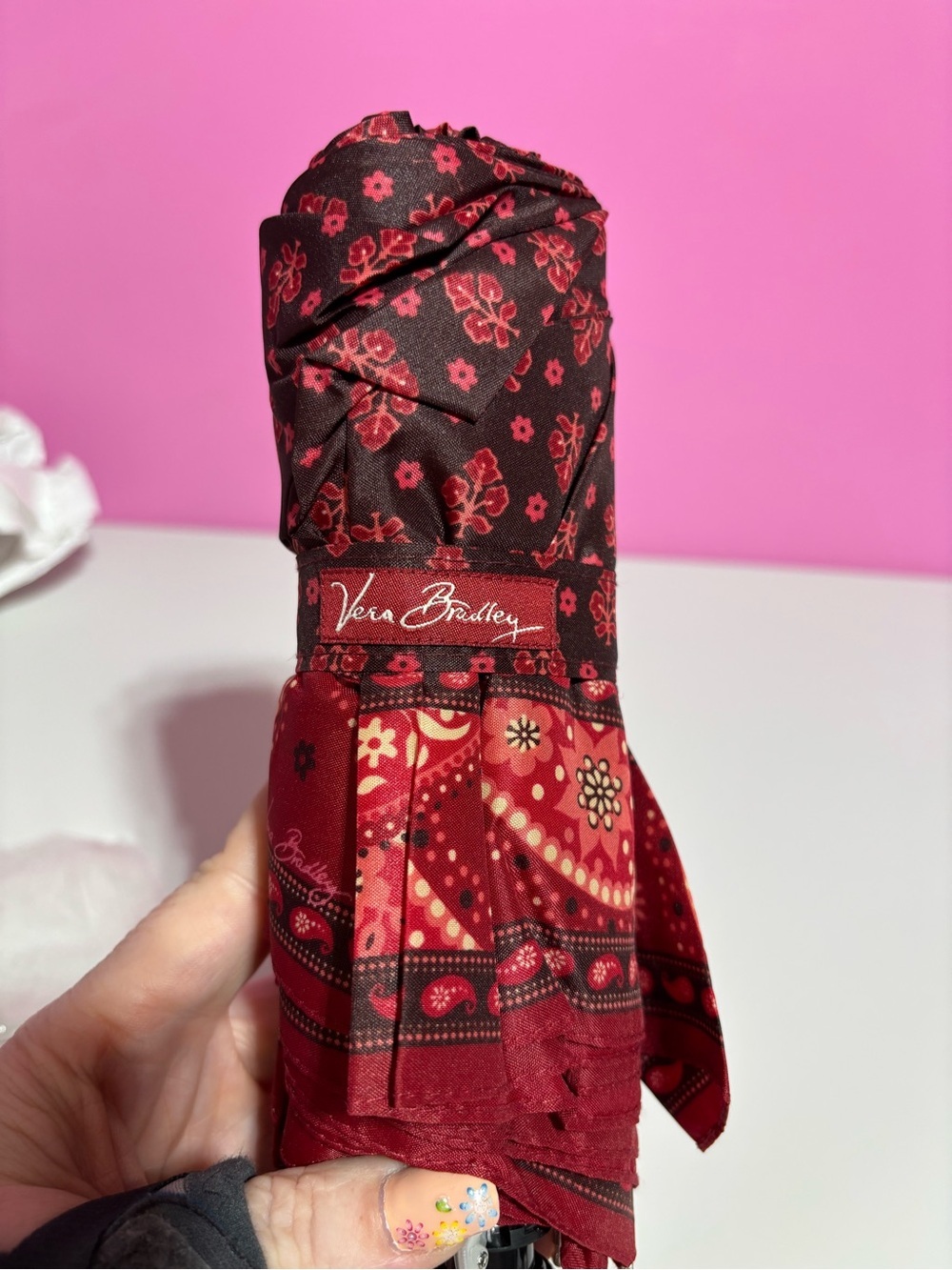 NWT Vera Bradley Mesa Red Compact Folding Umbrella Floral Print - Picture 3 of 4
